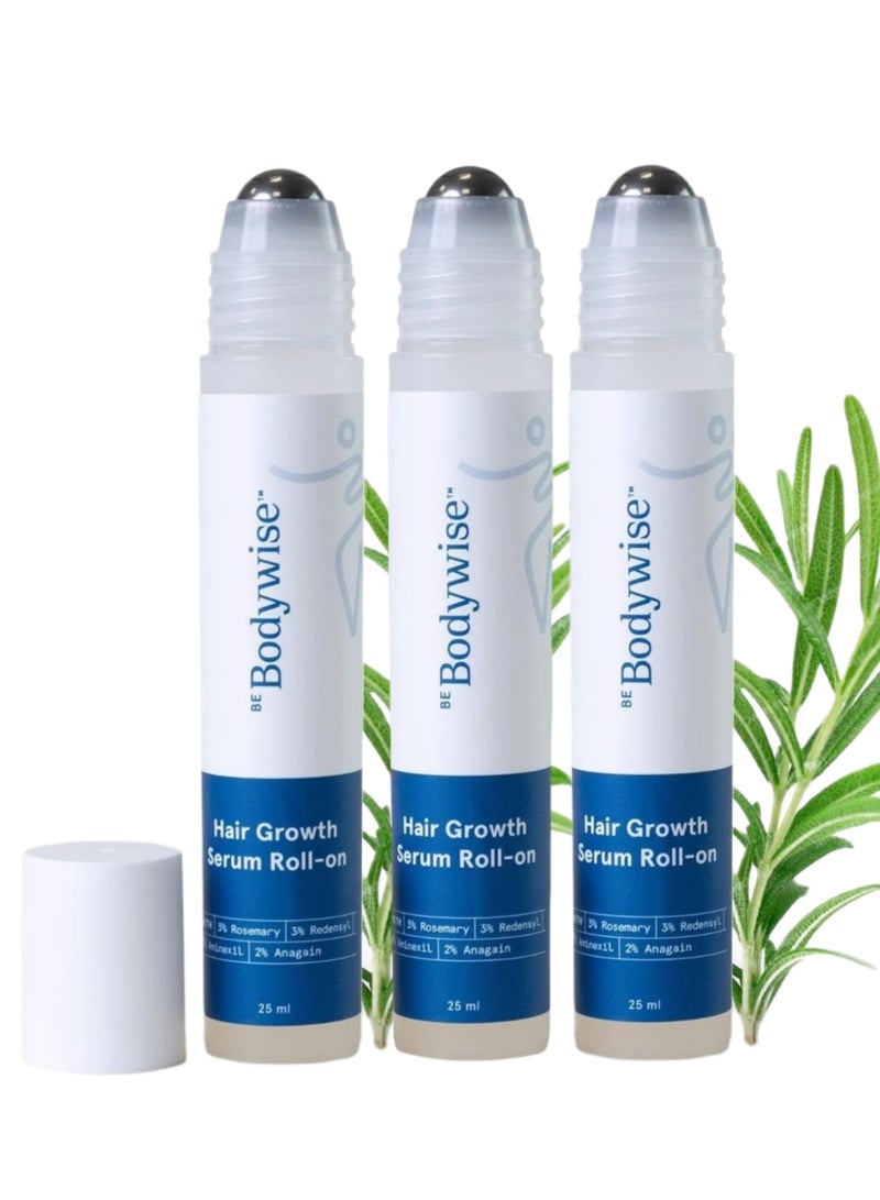 Be Bodywise 3-PACKS Hair Growth Serum Roll On with 3%Rosemary、3%Redensyl 、2% Anagain and 2% Aminexil， Thicker & Stronger Hair，Prevents Hairfall & Stimulates Hair Follicles For All Hair Types  25 ml*3 - Image 1