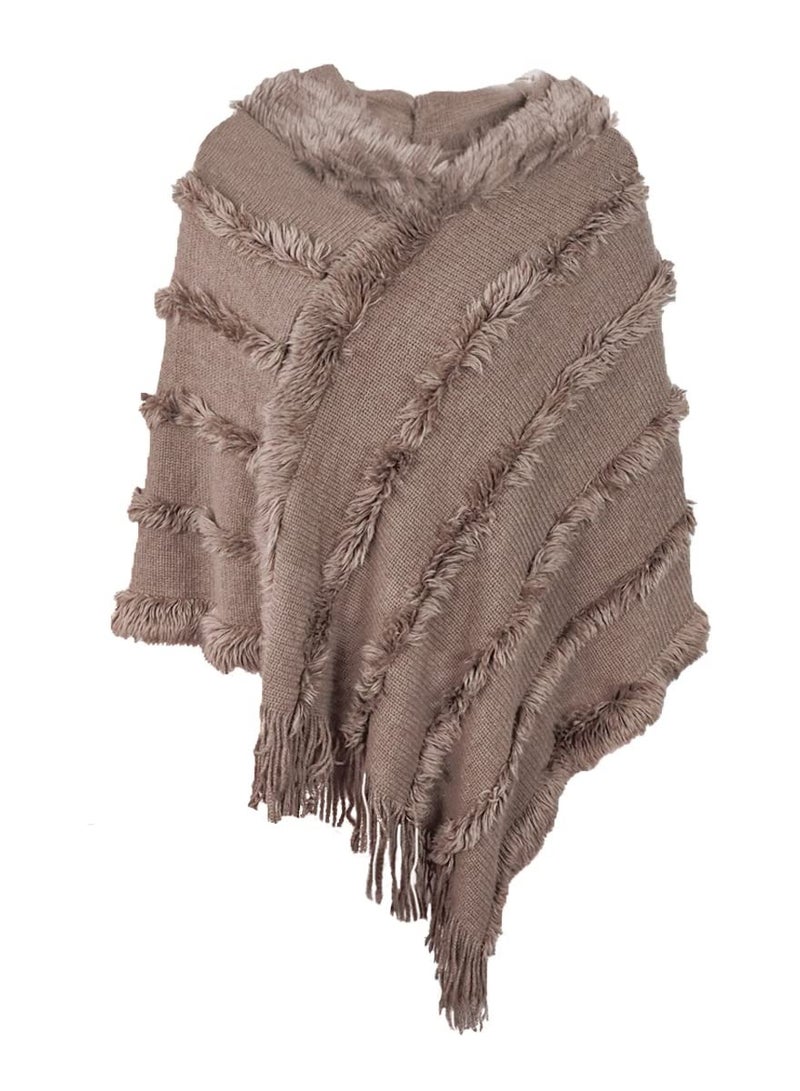 SYOSI Ladies Hooded Poncho with Fringed Hem Crochet Cape for Autumn Winter, Solid Knitting Shawl Wrap Poncho Fringe Sweater Coats - Image 1