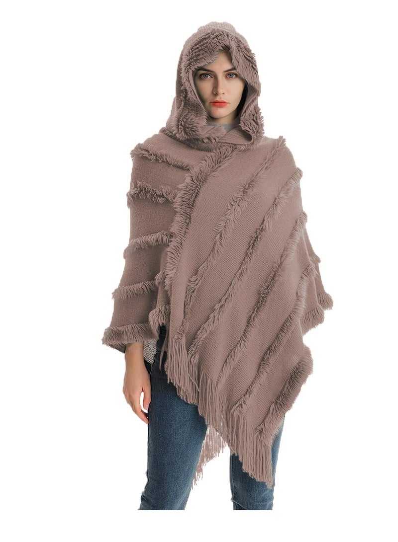 SYOSI Ladies Hooded Poncho with Fringed Hem Crochet Cape for Autumn Winter, Solid Knitting Shawl Wrap Poncho Fringe Sweater Coats - Image 2