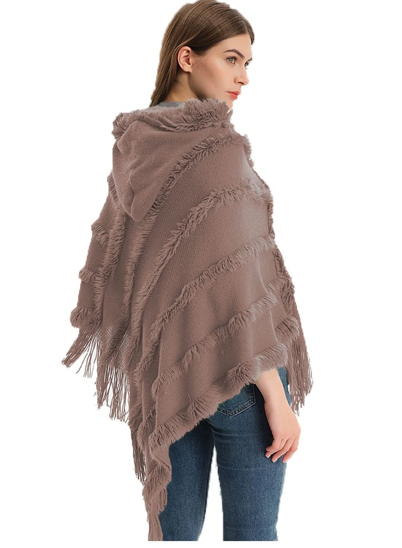 SYOSI Ladies Hooded Poncho with Fringed Hem Crochet Cape for Autumn Winter, Solid Knitting Shawl Wrap Poncho Fringe Sweater Coats - Image 3