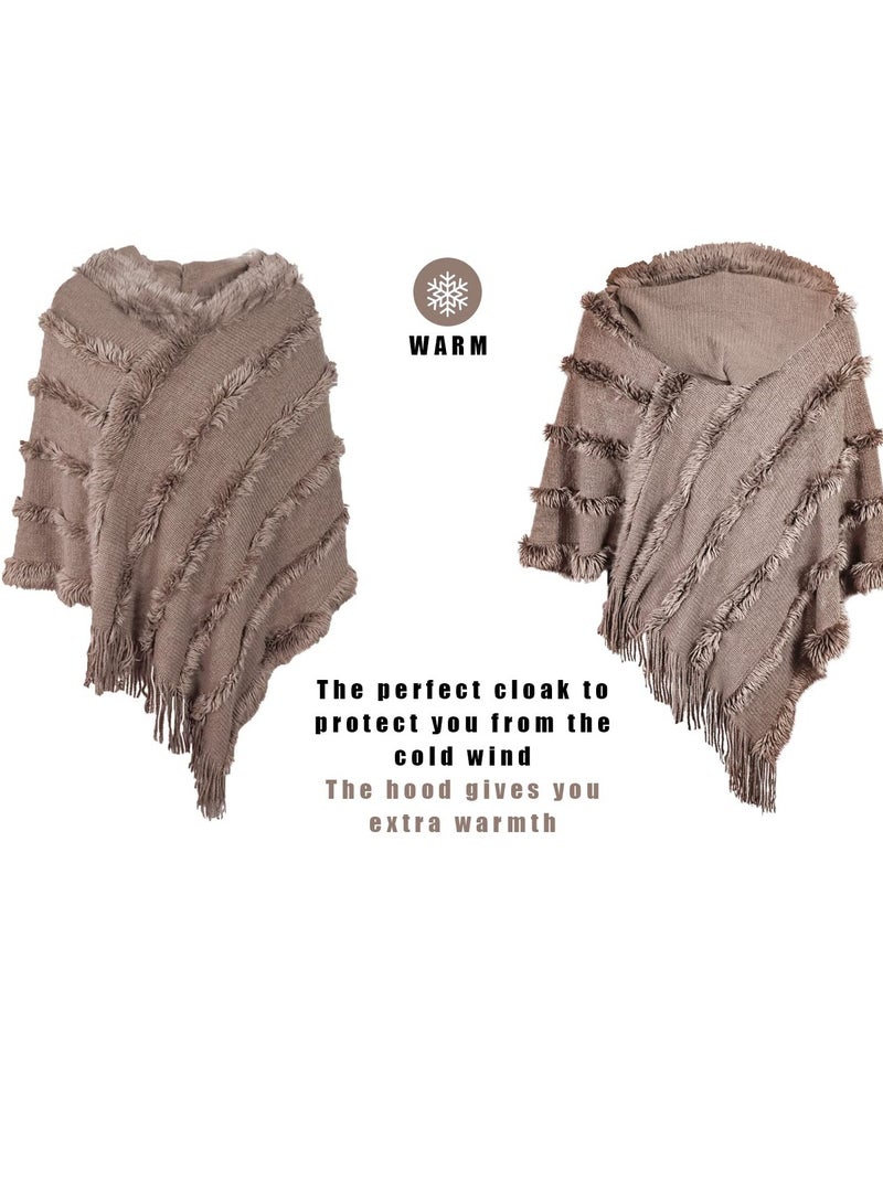 SYOSI Ladies Hooded Poncho with Fringed Hem Crochet Cape for Autumn Winter, Solid Knitting Shawl Wrap Poncho Fringe Sweater Coats - Image 4