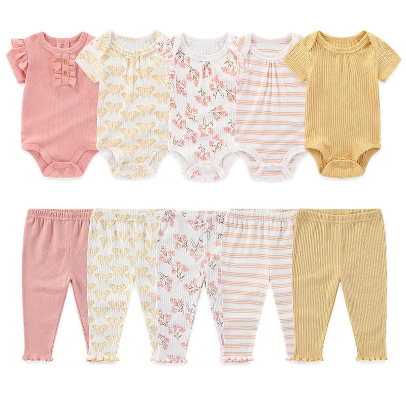 Kiddiezoom Newborn Baby Layette Set 10-Piece with Bodysuits and Pants Set for Unisex Baby Gift Sets, Pink, 0-3 Months - Image 1