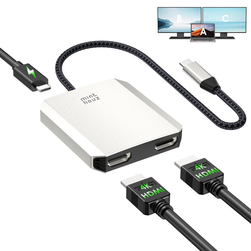 Minthouz USB C to Dual HDMI Adapter, USB c hub Dual 4K@60Hz Dual HDMI Output + 100W PD Power Delivery for MacBook Pro, Dell, HP, Surface, LG (MST is not Supported on MacOS) - Image 1