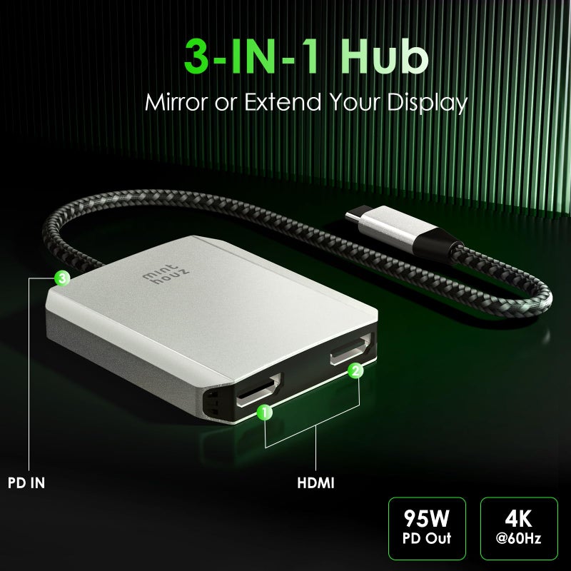 Minthouz USB C to Dual HDMI Adapter, USB c hub Dual 4K@60Hz Dual HDMI Output + 100W PD Power Delivery for MacBook Pro, Dell, HP, Surface, LG (MST is not Supported on MacOS) - Image 2