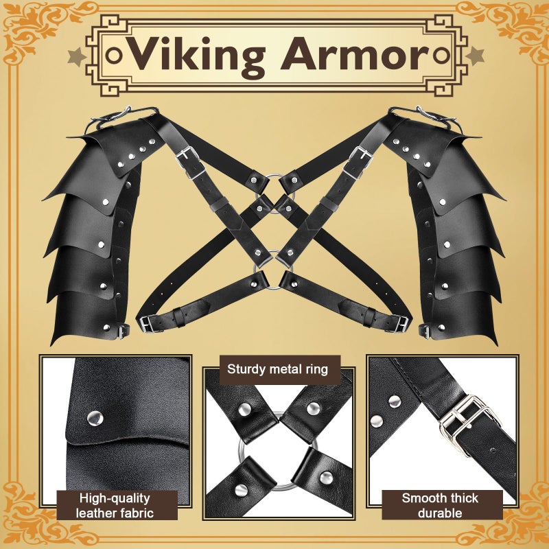 Fasouna 7 Pcs Men's Renaissance Costume Set Medieval Pirate Shirt Viking Shawl Belt Shoulder Armor Sword Bag Cosplay (Medium) - Image 3