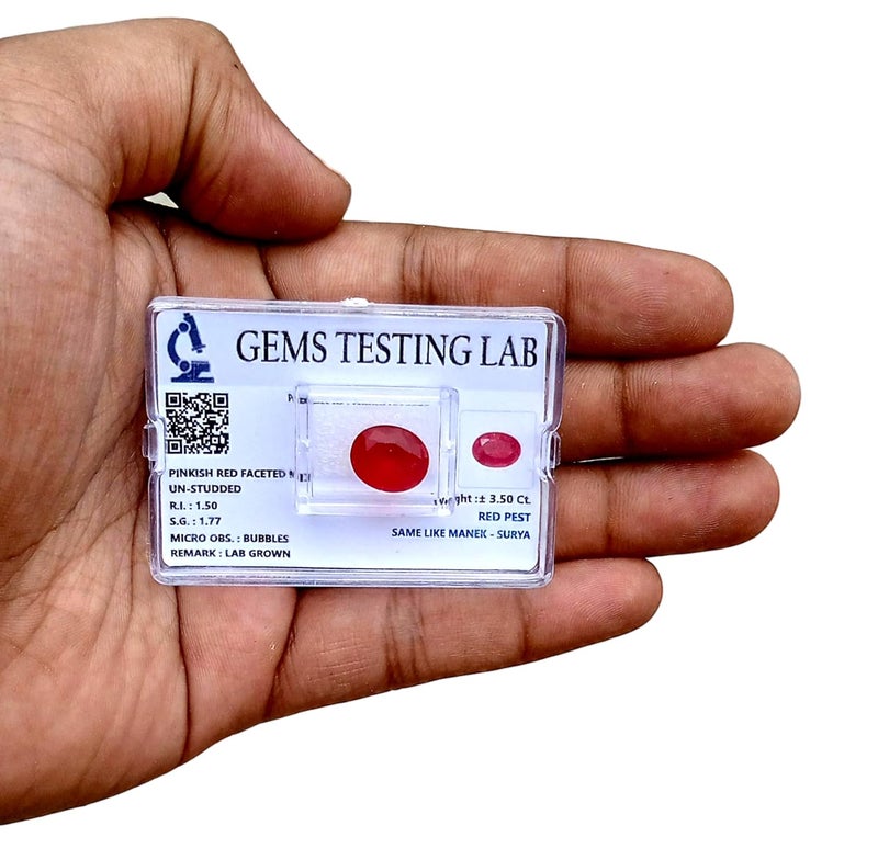 FLAIMYST 3.85 Ratti / 3.50 Carat Natural Burma Ruby (Manak) Gemstone | Original A++ Quality Red Stone | Certified with Lab Test Report & Guarantee Card | Loose Gem for Astrology Use | For Men & Women - Image 2