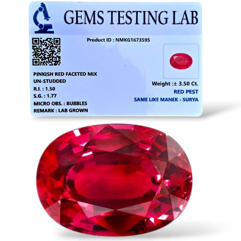FLAIMYST 3.85 Ratti / 3.50 Carat Natural Burma Ruby (Manak) Gemstone | Original A++ Quality Red Stone | Certified with Lab Test Report & Guarantee Card | Loose Gem for Astrology Use | For Men & Women - Image 1