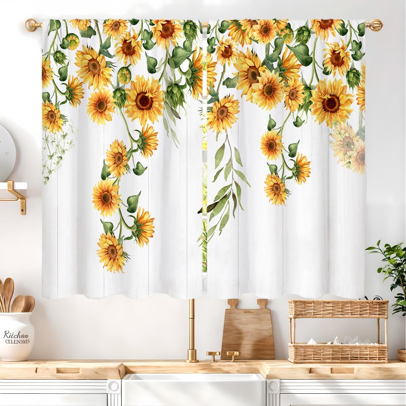 Famiffty Sunflower Country Kitchen Curtains Rod Pocket Rustic Yellow Floral Farmhouse Small Cafe Tier Curtains Vintage Wood Barn Retro Window Treatment Drapes Home Decor(27.5W X 39L Inch 2 Panels) - Image 2