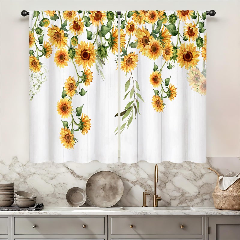 Famiffty Sunflower Country Kitchen Curtains Rod Pocket Rustic Yellow Floral Farmhouse Small Cafe Tier Curtains Vintage Wood Barn Retro Window Treatment Drapes Home Decor(27.5W X 39L Inch 2 Panels) - Image 1