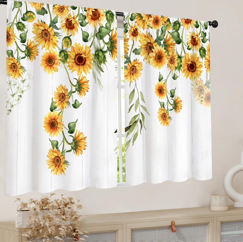 Famiffty Sunflower Country Kitchen Curtains Rod Pocket Rustic Yellow Floral Farmhouse Small Cafe Tier Curtains Vintage Wood Barn Retro Window Treatment Drapes Home Decor(27.5W X 39L Inch 2 Panels) - Image 3