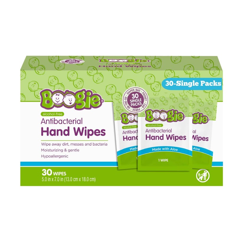 Boogie Antibacterial Hand Wipes Alcohol Free Hypoallergenic and Moisturizing Aloe For Kids and Adults 30 Wipes Pack of 1