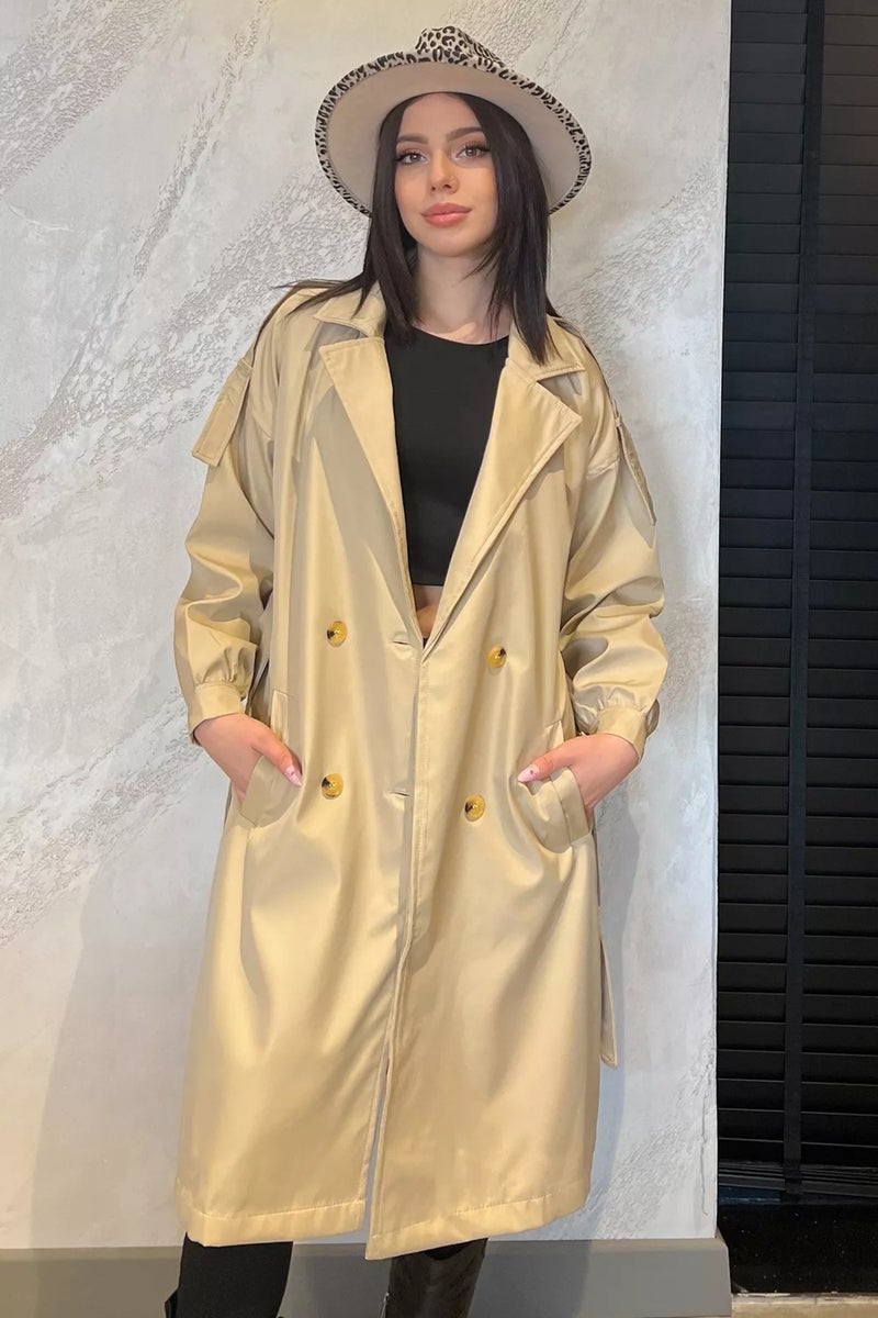Gülseli Women's Double-breasted Collar Lined Waist Belted Style Trench Coat - Image 1