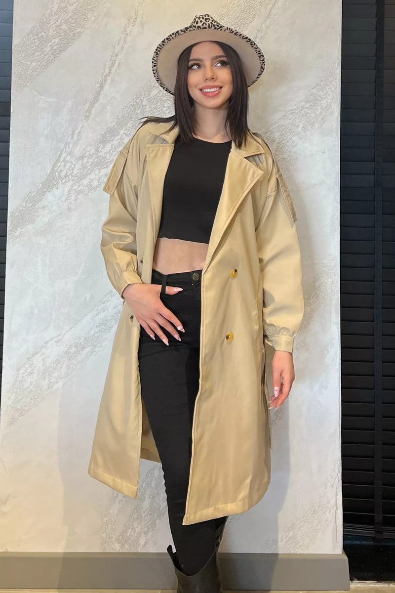 Gülseli Women's Double-breasted Collar Lined Waist Belted Style Trench Coat - Image 2