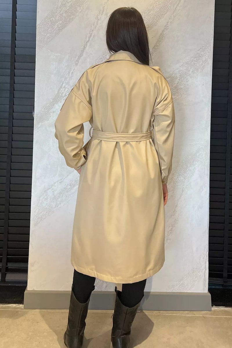 Gülseli Women's Double-breasted Collar Lined Waist Belted Style Trench Coat - Image 3