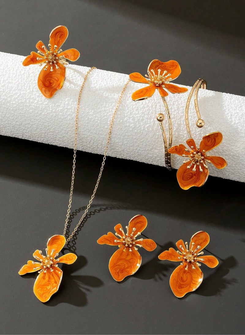 A complete women’s accessory set consisting of a necklace, earrings, ring, and bracelet with an eye-catching orange floral design. A unique and standout set that makes a luxurious gift for lovers of distinctive jewelry. Perfect for weddings, engagements, Mother’s Day, Valentine’s Day, and all special occasions.  - Image 1