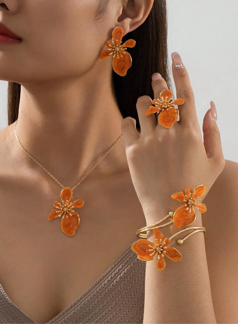 A complete women’s accessory set consisting of a necklace, earrings, ring, and bracelet with an eye-catching orange floral design. A unique and standout set that makes a luxurious gift for lovers of distinctive jewelry. Perfect for weddings, engagements, Mother’s Day, Valentine’s Day, and all special occasions.  - Image 2