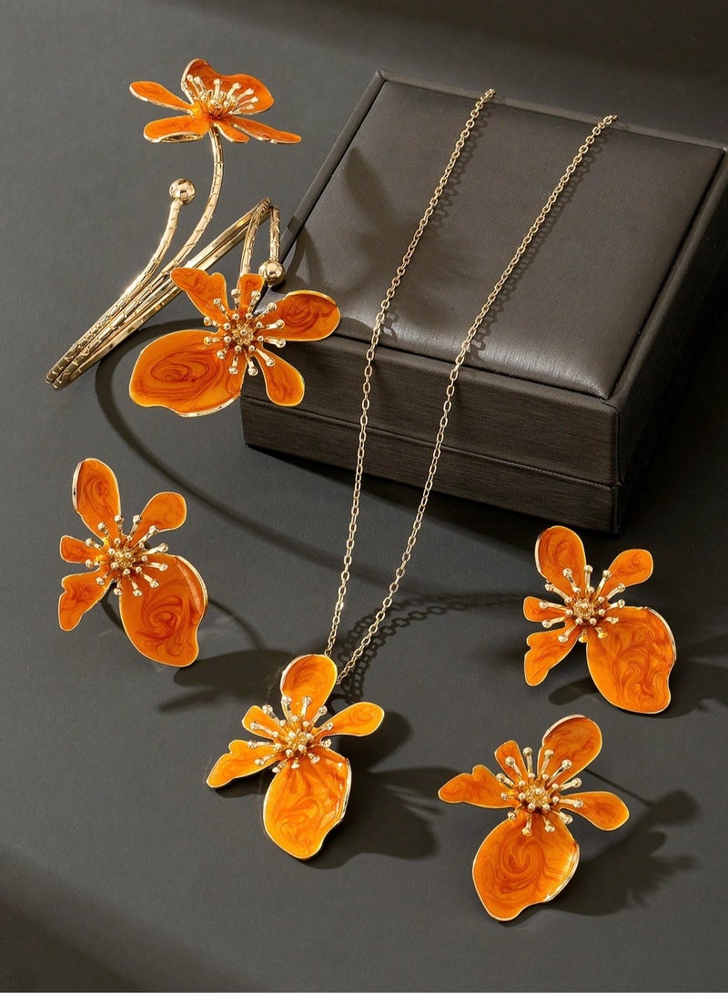A complete women’s accessory set consisting of a necklace, earrings, ring, and bracelet with an eye-catching orange floral design. A unique and standout set that makes a luxurious gift for lovers of distinctive jewelry. Perfect for weddings, engagements, Mother’s Day, Valentine’s Day, and all special occasions.  - Image 3