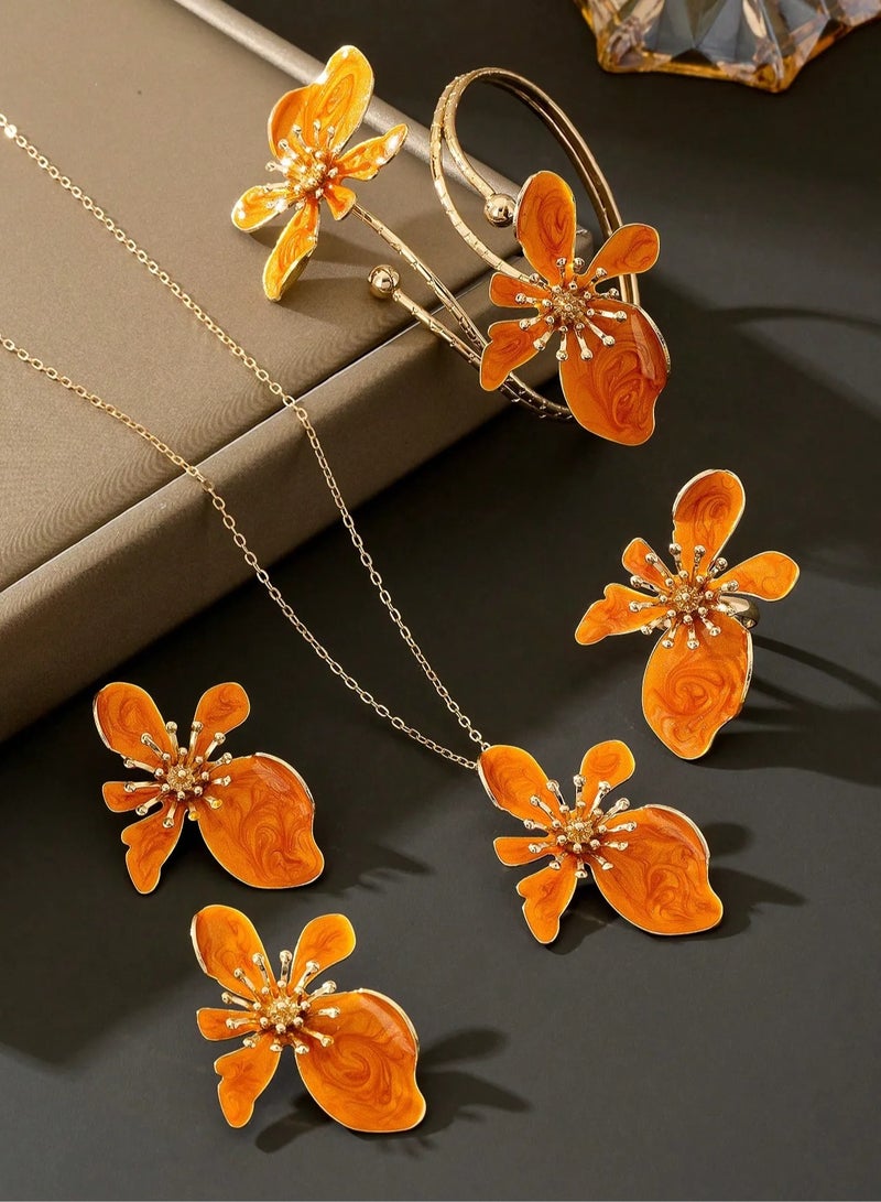 A complete women’s accessory set consisting of a necklace, earrings, ring, and bracelet with an eye-catching orange floral design. A unique and standout set that makes a luxurious gift for lovers of distinctive jewelry. Perfect for weddings, engagements, Mother’s Day, Valentine’s Day, and all special occasions.  - Image 4