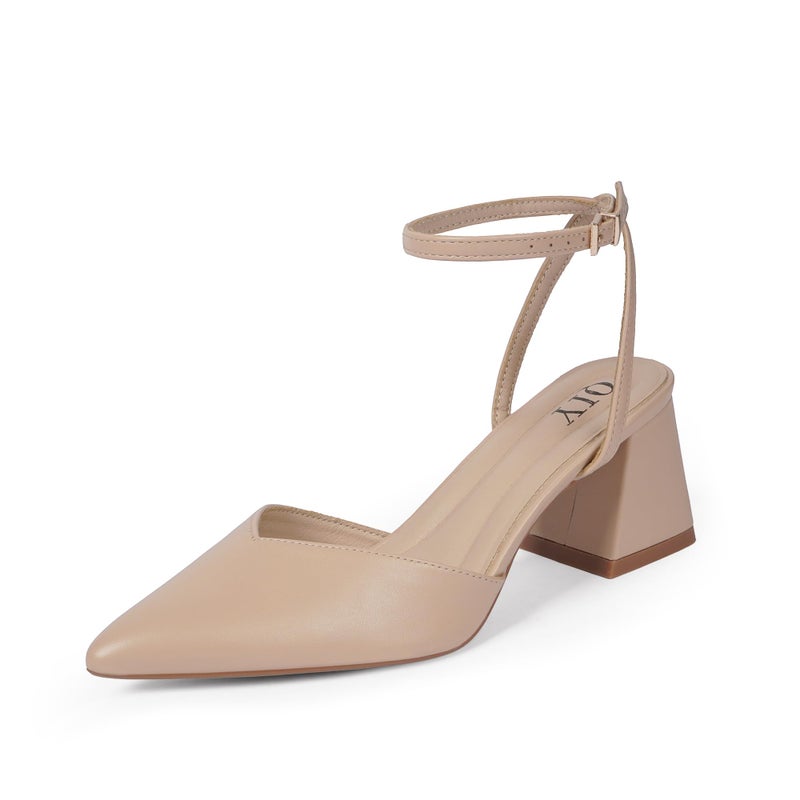 QIY Pointed Toe Heels for Women Close Toed Heels Women Nude Heel Sling Back Slingback Strappy Ankle Strap Block Short Low Chunky Heel Womens Wedding Dress Shoes Women's Pumps Size 9.5 - Image 1