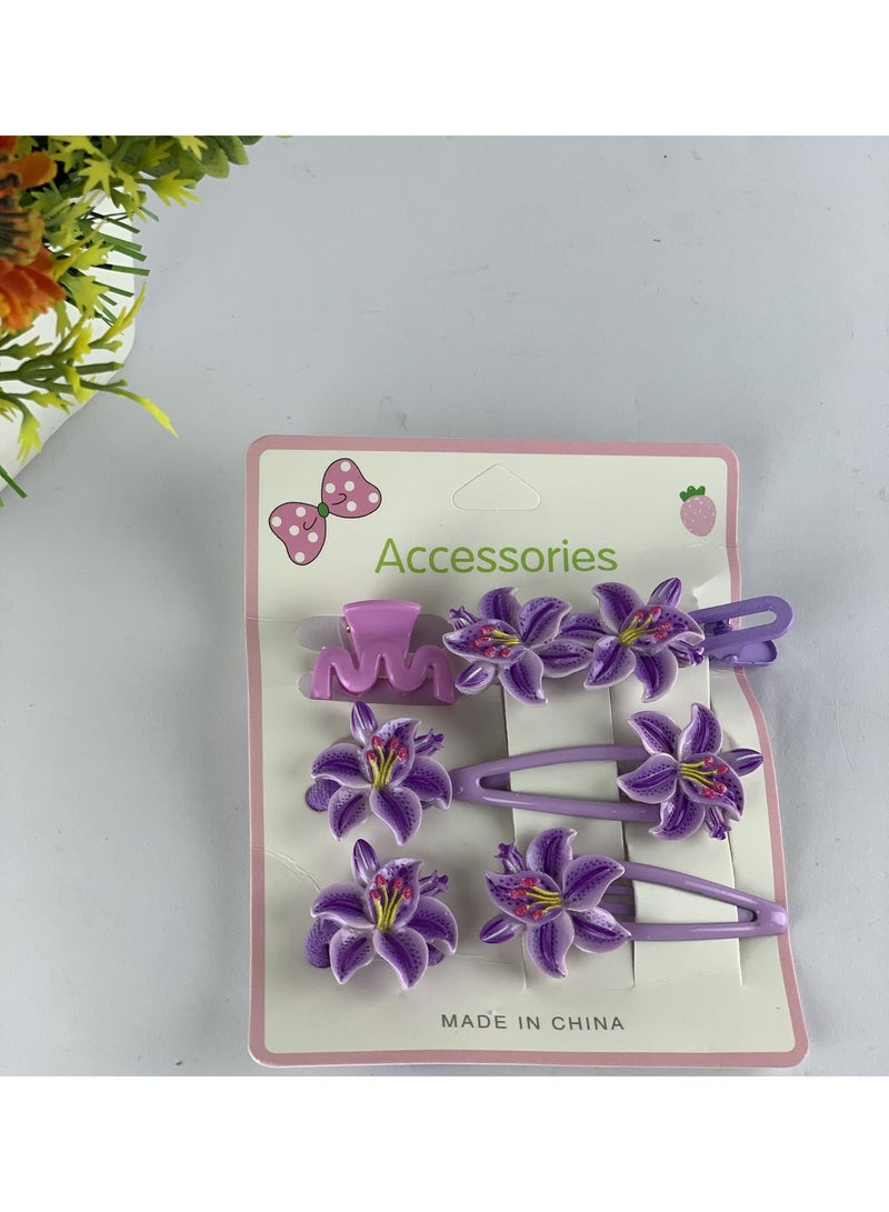 Girls Floral Hair Accessories Set (Clips & Elastics) – 6 Pieces, Elegant Flower Design - Image 2