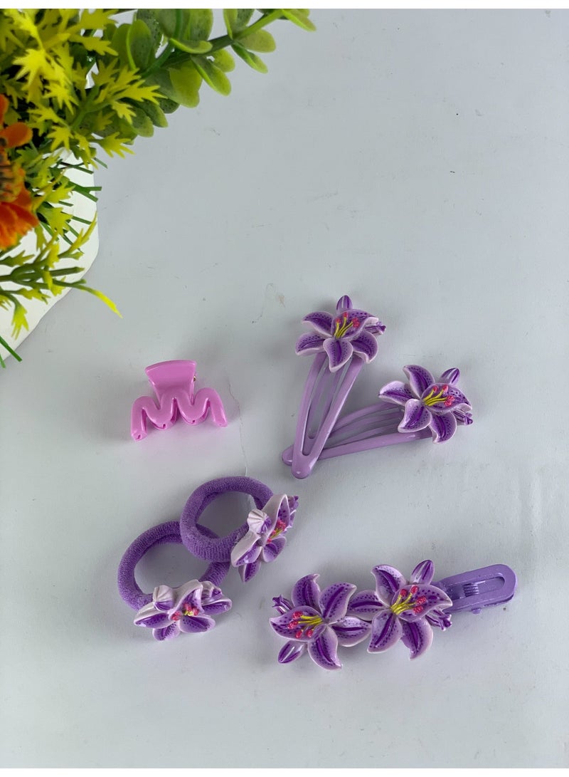 Girls Floral Hair Accessories Set (Clips & Elastics) – 6 Pieces, Elegant Flower Design - Image 1