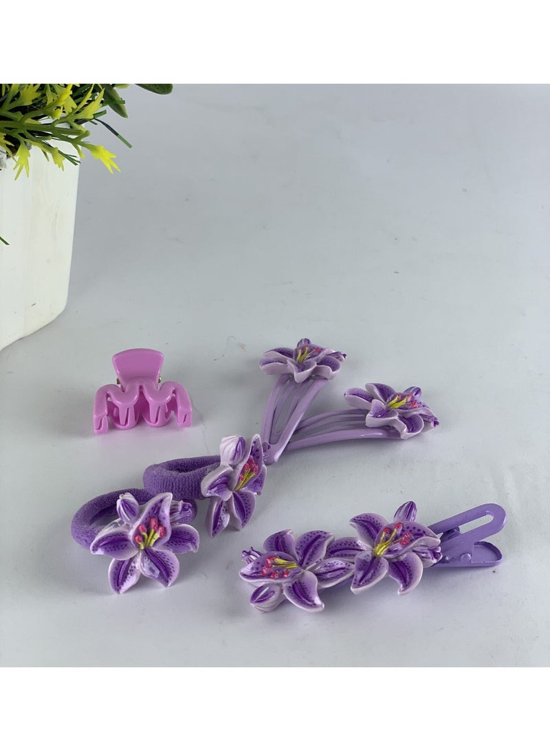 Girls Floral Hair Accessories Set (Clips & Elastics) – 6 Pieces, Elegant Flower Design - Image 4