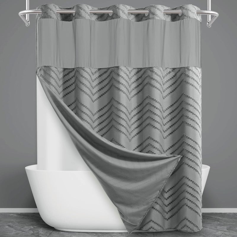 WONICY No Hook Shower Curtain with Snap in Liner, Tufted Chevron Striped Shower Curtain Set for Bathroom, Boho Waterproof and Washable Shower Curtains,71Wx74H, Grey - Image 1