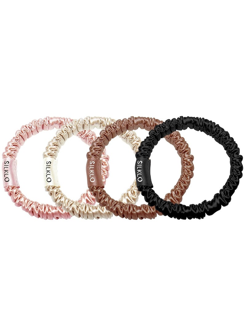 إيلور إيلاور سيلكلو ربطات شعر حريرية، 100% من حرير التوت النقي 22 موميه، مضادة لتساقط الشعر، لا تسبب تكسر الشعر، مضادة للتجعد والتجعيد، 4 قطع (أسود، شامبين، وردي، بني) - Image 1