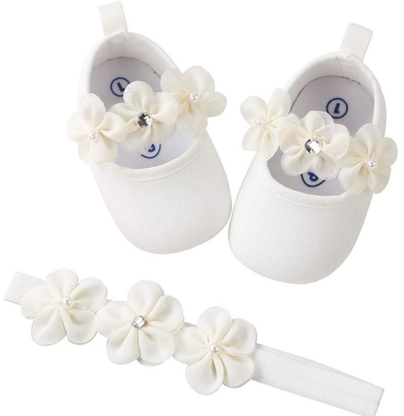 HsdsBebe HsdsBebe 2pcsSet Newborn Baby Girl Princess Mary Jane Shoes Toddler Infant Wedding Dress Flat Shoes with Free Headband