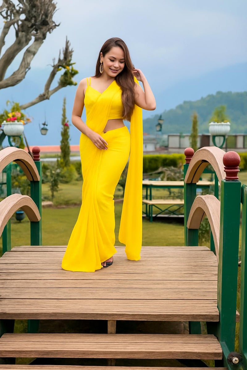 ANSHMJIMN Women's Plain Pure Georgette Saree With Unstitched Blouse Piece (Mustrad Yellow) - Image 3