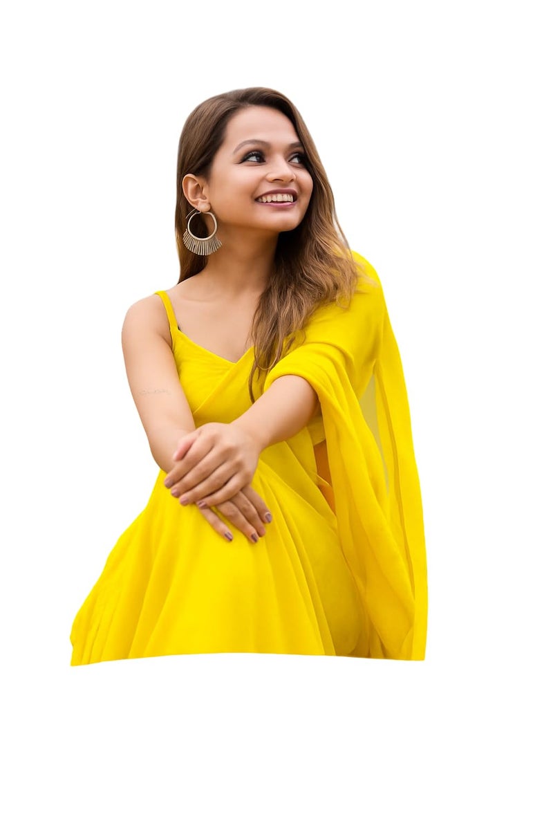 ANSHMJIMN Women's Plain Pure Georgette Saree With Unstitched Blouse Piece (Mustrad Yellow) - Image 1