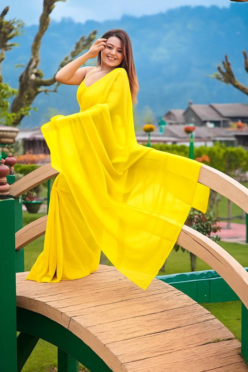 ANSHMJIMN Women's Plain Pure Georgette Saree With Unstitched Blouse Piece (Mustrad Yellow) - Image 4