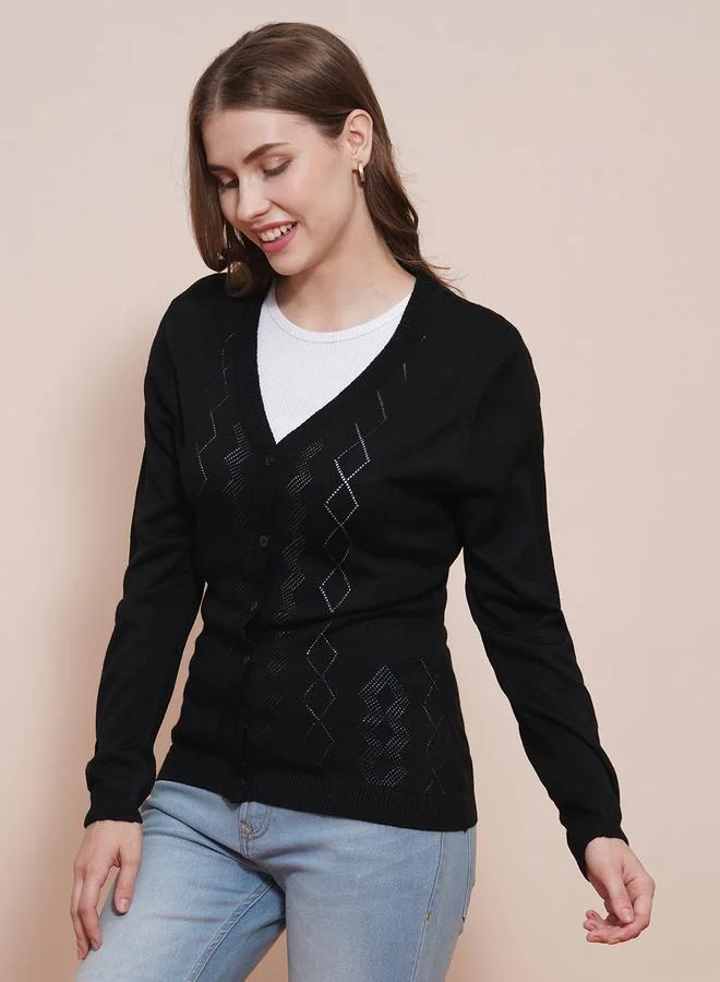 globus Women Black Ribbed Hem Cardigan Sweater