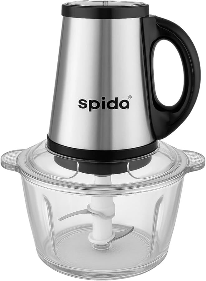 SPIDA 2-in-1 Chopper – Stainless + Glass Bowl 2L – 450W – Model SPD-HJ1002 | Sharp Blades – Elegant Design – High Efficiency