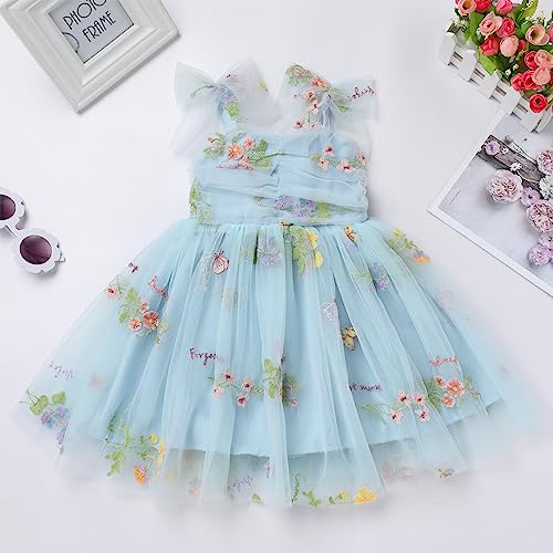 IDOPIP Baby Girls Floral Butterfly Tutu Dress Summer Sleeveless Backless Princess Birthday Party Dresses Toddler Girl First Communion Pageant Flower Bow Sundress Clothes Blue Floral 612 Months - Image 3