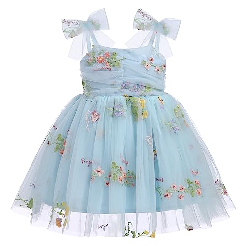 IDOPIP Baby Girls Floral Butterfly Tutu Dress Summer Sleeveless Backless Princess Birthday Party Dresses Toddler Girl First Communion Pageant Flower Bow Sundress Clothes Blue Floral 612 Months - Image 1