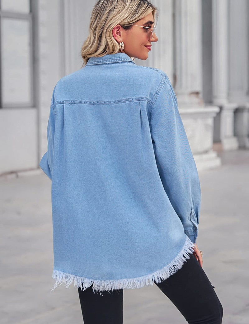 Zilcremo Women Denim Shirt Chambray Collared Jean Shirts Long Sleeve Pocket Button Down Blouses Blue L - Image 4