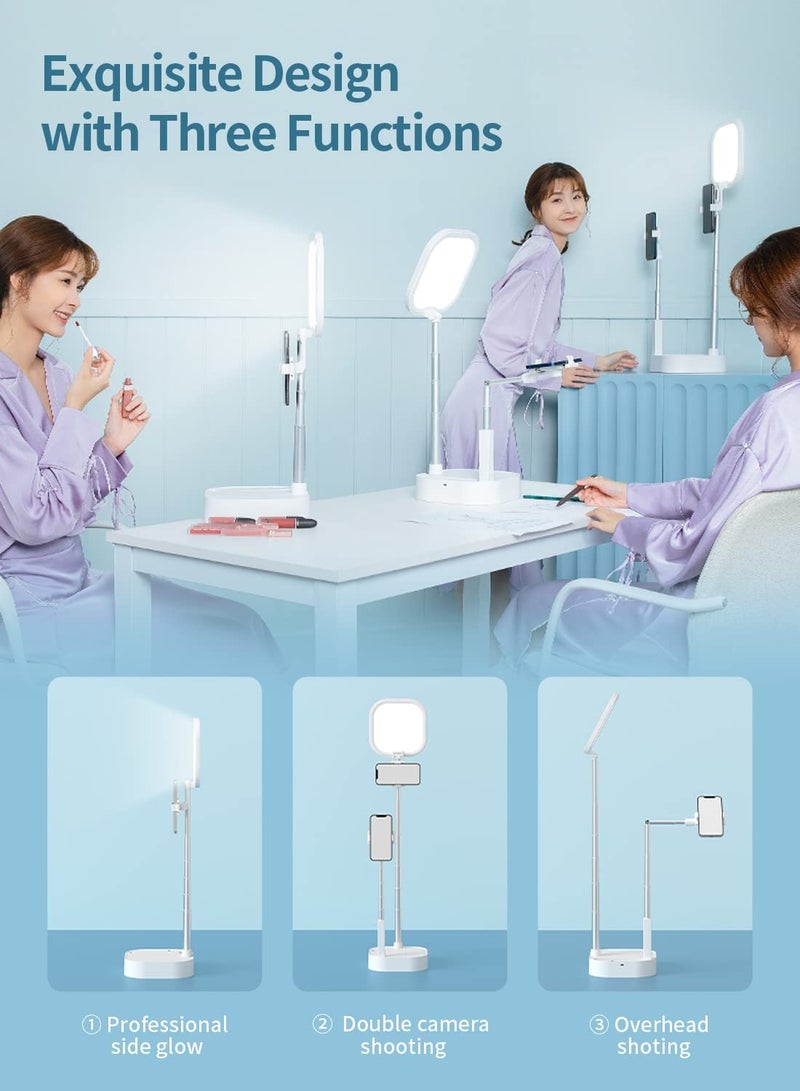 Phone Stand for Recording, Content Creator Kit, Selfie Stand 360 Rotation with LED Light, Overhead Phone Holder Mount for Live Streaming/YouTube/Tiktok/Video Recording/INS Starter kit, White - Image 3