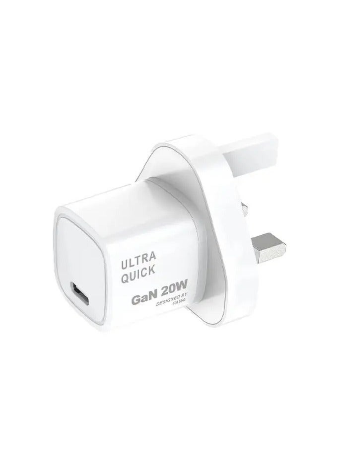 شاحن Solid Gan بمنفذ Type C PD 20W قياسي في المملكة المتحدة / قابس ثلاثي السنون في المملكة المتحدة / حماية من التفريغ / ABS / حماية من الحرائق - أبيض