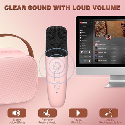 IROO Karaoke Machine for Kids, Portable Bluetooth Speaker with Wireless Microphone, Music Player Toys Gift for Boys Girls 4, 5, 6, 7, 8, 9, 10 +Year Old Birthday Christmas Party Home(Pink Color) - Image 5