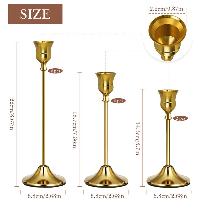 Uzvoxhe Gold Candlestick Holders Set of 6, Weighted, Metal Taper Candle Stick Holders, Vintage Christmas Brass Home Decor for Table, Mantel, Room Decorations Housewarming Gift Gold-6 - Image 2