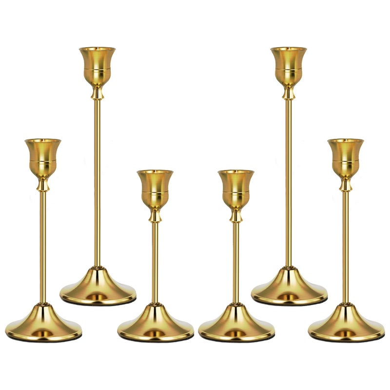 Uzvoxhe Gold Candlestick Holders Set of 6, Weighted, Metal Taper Candle Stick Holders, Vintage Christmas Brass Home Decor for Table, Mantel, Room Decorations Housewarming Gift Gold-6 - Image 1
