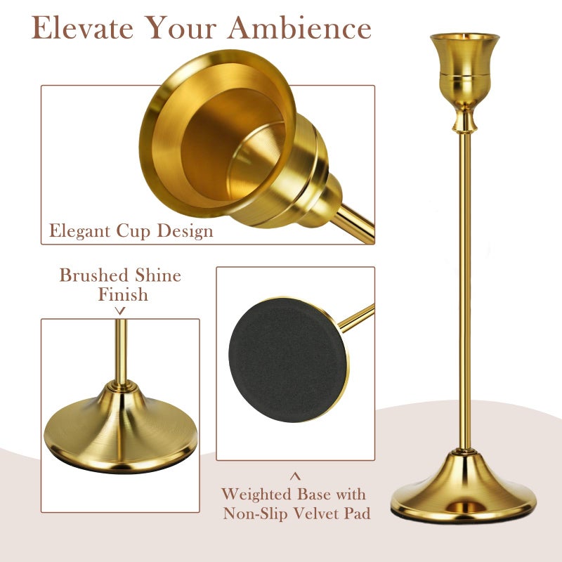 Uzvoxhe Gold Candlestick Holders Set of 6, Weighted, Metal Taper Candle Stick Holders, Vintage Christmas Brass Home Decor for Table, Mantel, Room Decorations Housewarming Gift Gold-6 - Image 4