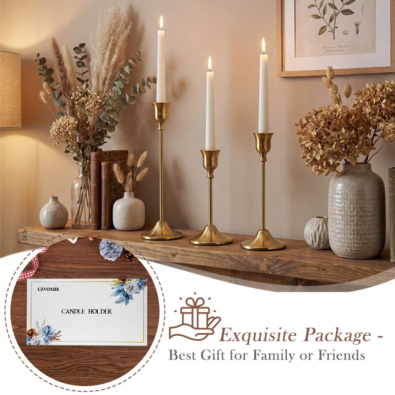 Uzvoxhe Gold Candlestick Holders Set of 6, Weighted, Metal Taper Candle Stick Holders, Vintage Christmas Brass Home Decor for Table, Mantel, Room Decorations Housewarming Gift Gold-6 - Image 3