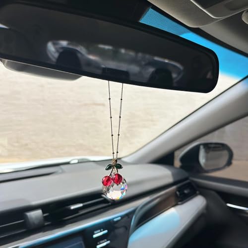 Agromusk Cherry Car Decor Rear View Mirror Accessories Cute Crystal Suncatcher Charm - Image 1
