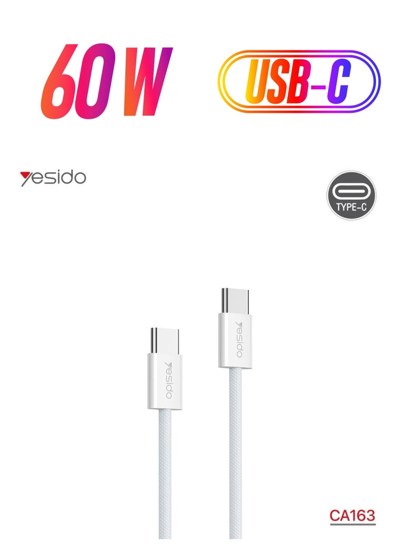 Yesido CA163 Dual Type-C Charging Cable PD 60W Fast Charge Compatible with 27W 1.2 Meter Length White - Image 1