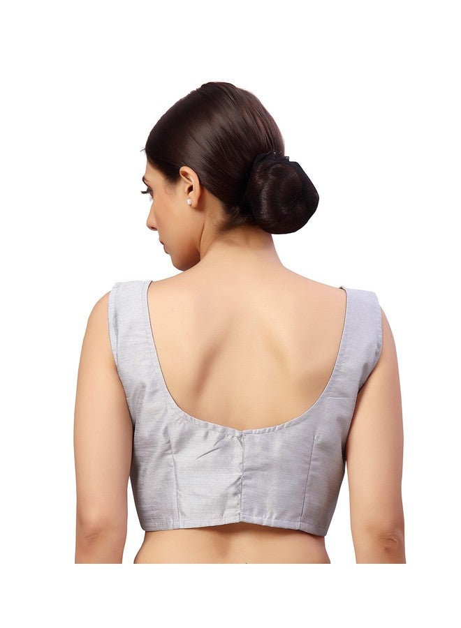 Studio Shringaar Women's Readymade Art Silk Sleeveless Saree Blouse (Grey, 40) - Image 2