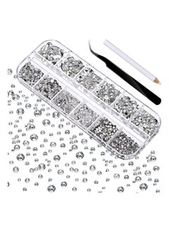 2000 Pieces Flat Bottom Gem Round Crystal Rhinestones 6 Sizes with Storage Box, Tweezers and Picking Rhinestone Pen