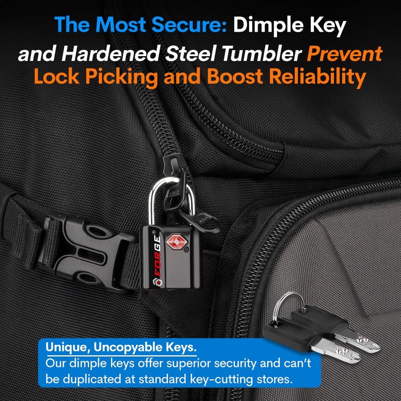 Forge TSA Approved Luggage Locks, Ultra-Secure Dimple Key Travel Locks with Zinc Alloy Body, Black 4 Pack  - Image 4