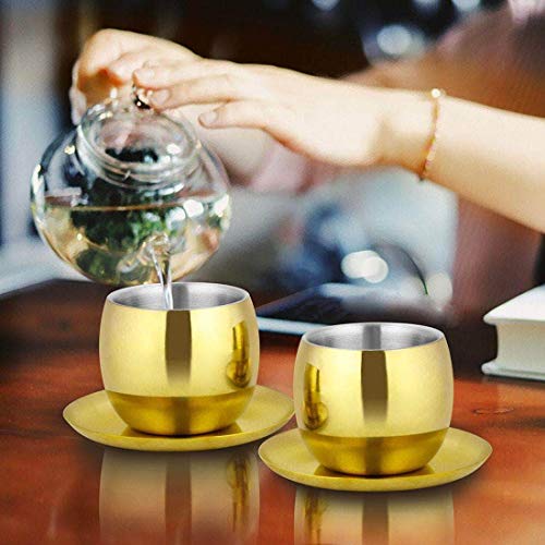 Shri & Sam High Grade Stainless Steel Double Wall Cup and Saucer with Gold Pvd Coating 4 Piece, Size- 6.7 Each, 100 ML - Image 3